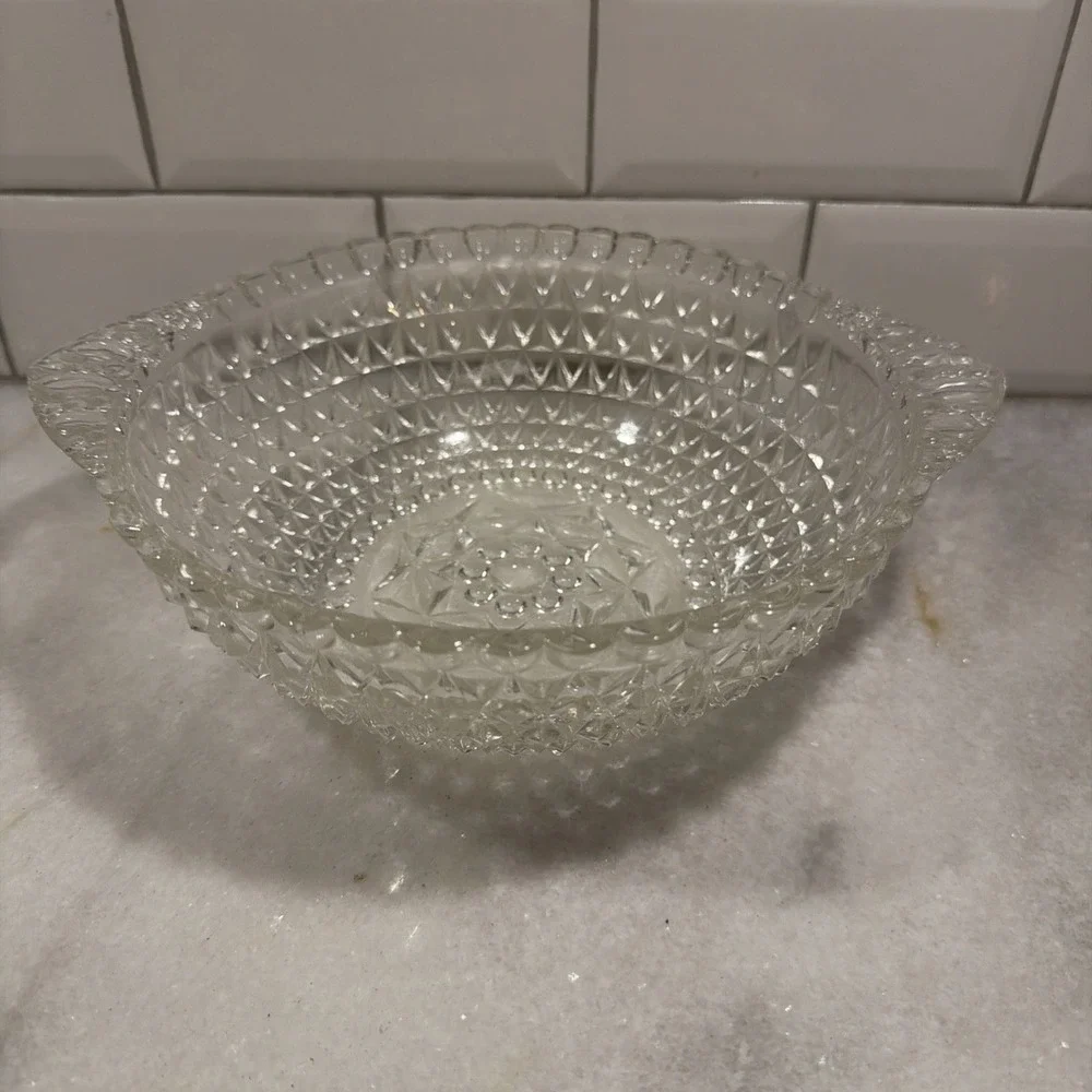 Hobnail Pressed Clear Glass Bowl Handled Scalloped Edge Diamond Vintage OLA05